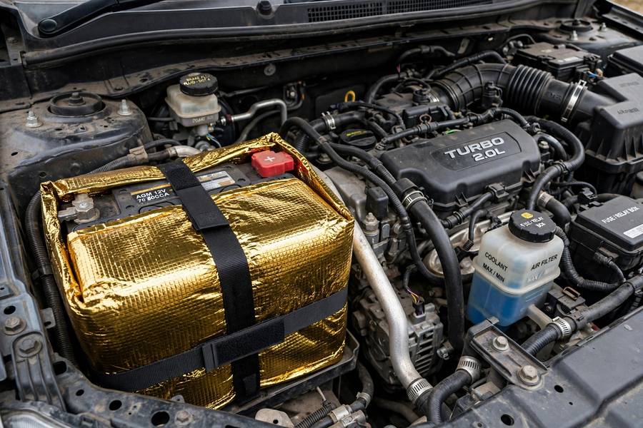 Insulating heat shield protecting a car battery from hot weather