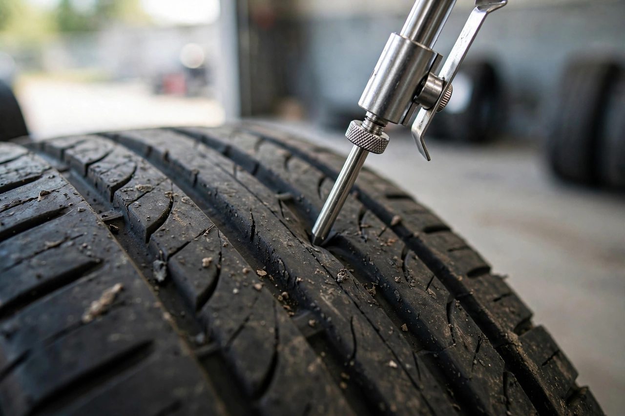Close-up of a car tire tread with a tread depth gauge measuring the grooves