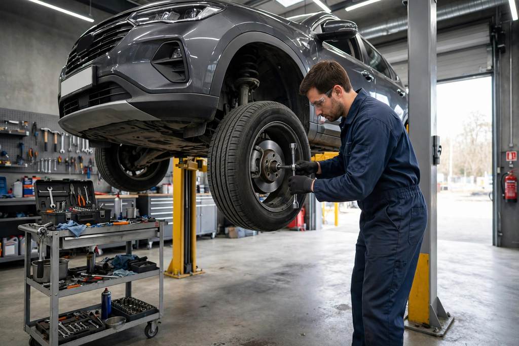 Mechanic rotating car tires on a lift in an auto repair shop