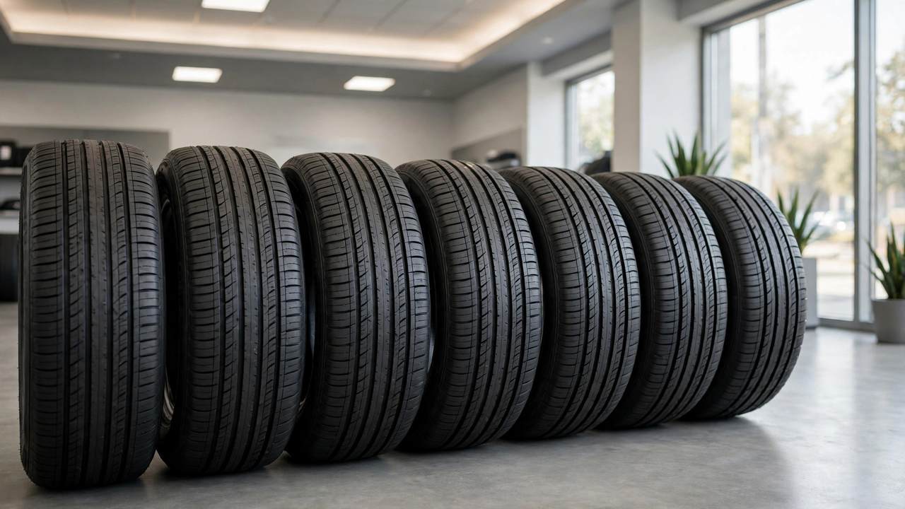 Row of new car tires stacked in a tire shop with visible tread patterns