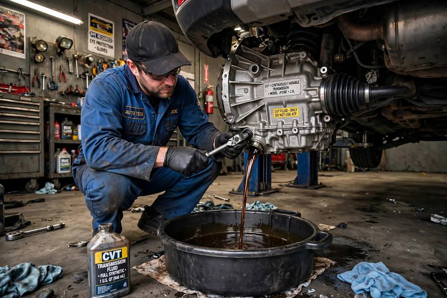 Mechanic draining CVT transmission fluid during a maintenance service