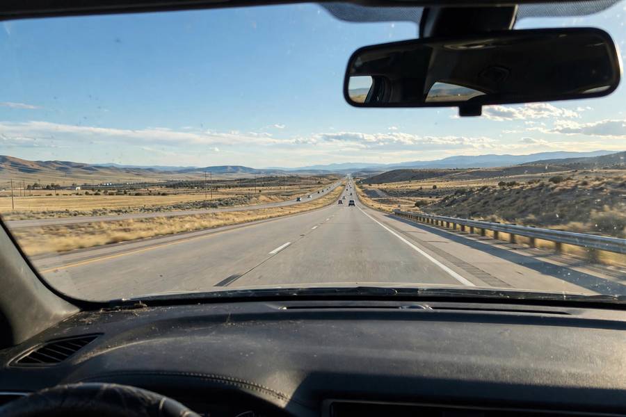 Car cruising on an open interstate highway during a long road trip