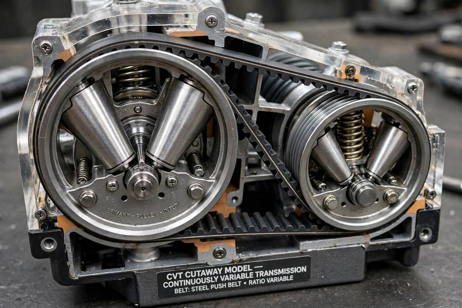 Cutaway model showing a CVT belt and variable pulleys
