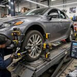 How Long Does a Wheel Alignment Take? (Shop Time, Explained) Wheel alignment in progress showing how long a wheel alignment takes in a shop