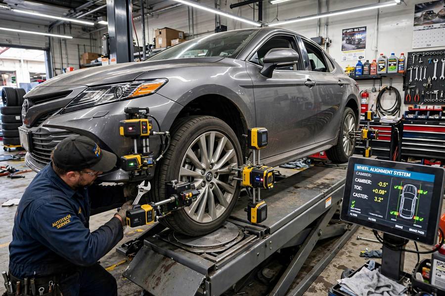 Wheel alignment in progress showing how long a wheel alignment takes in a shop