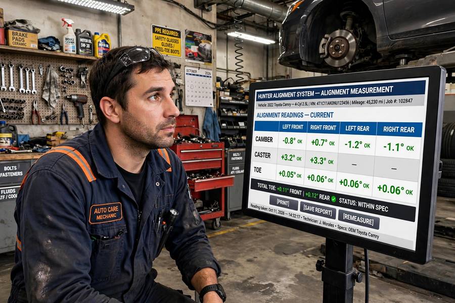 Alignment angle readouts on screen during a wheel alignment service