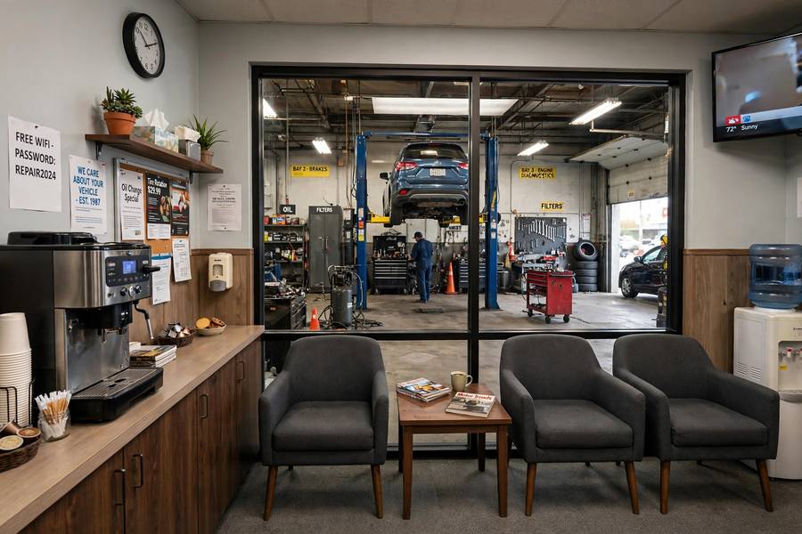 Waiting area where customers sit during the wheel alignment appointment