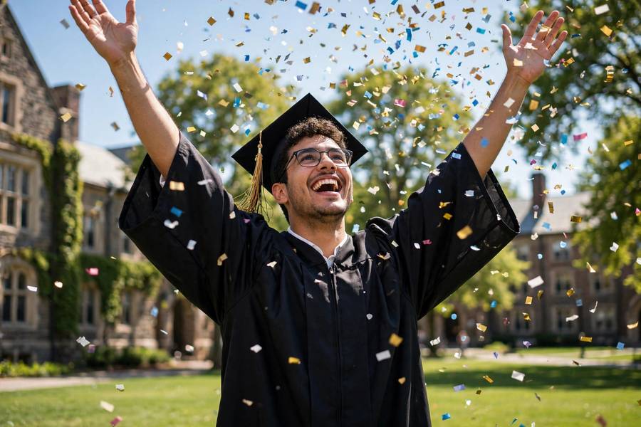 Graduate in cap and gown celebrating on a university lawn