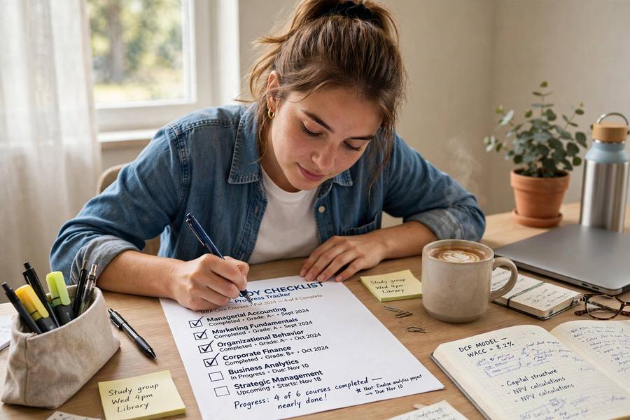 Student checking off completed MBA courses on a checklist