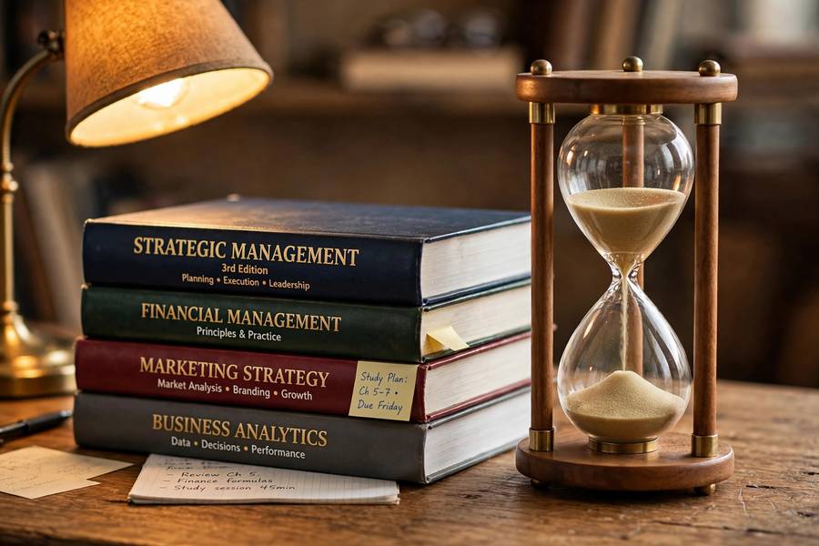 Hourglass beside business textbooks symbolizing study planning