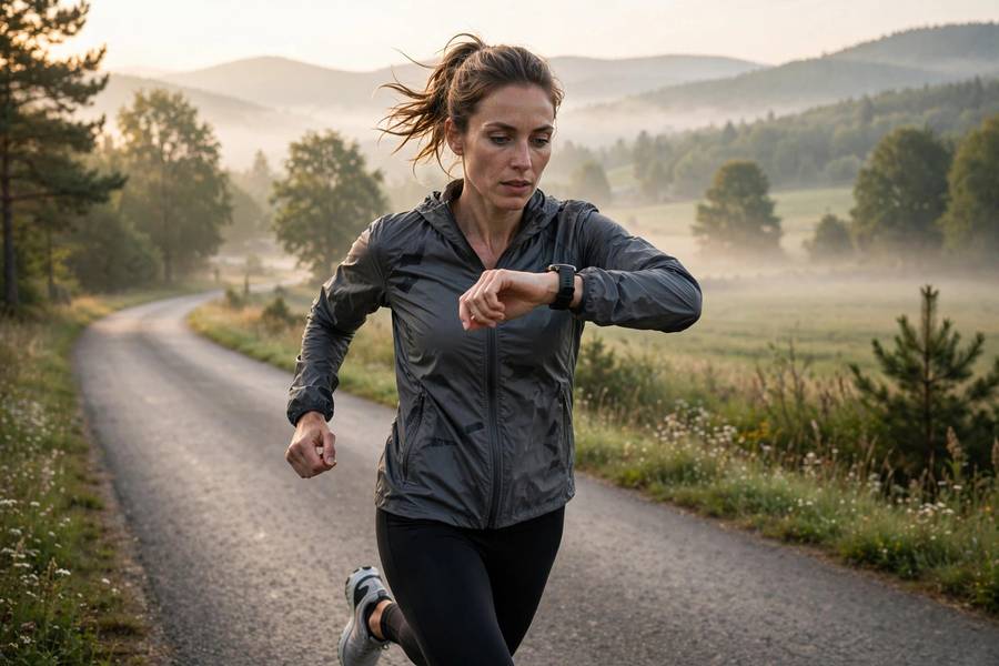 Athlete running easy base miles on forest trail