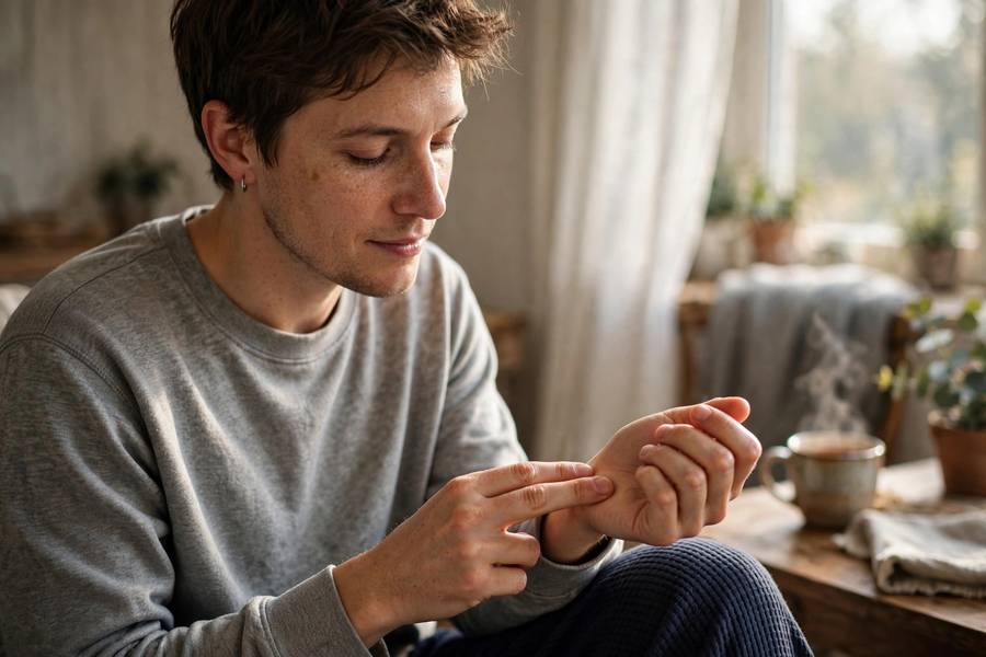 Person measuring resting heart rate in morning