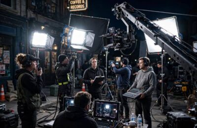 A film set at night with a camera crane and crew