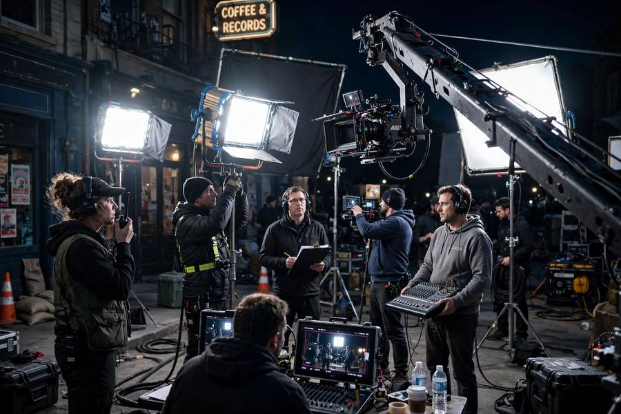 A film set at night with a camera crane and crew