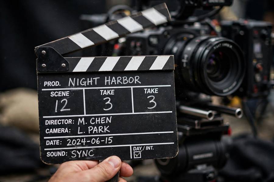A clapperboard snapping shut before a take