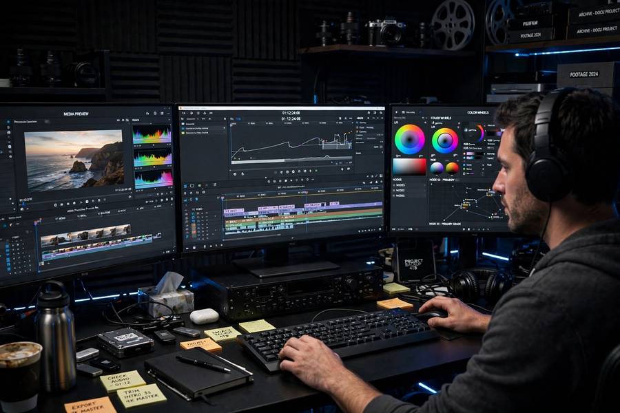 A film editor working with timeline software
