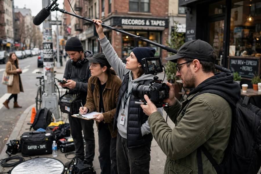 A small indie film crew shooting on location