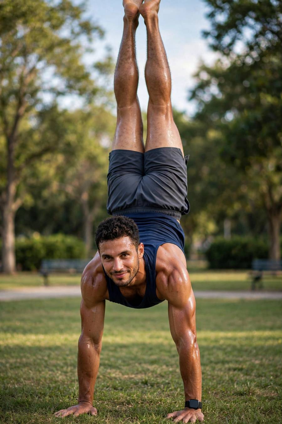 Intermediate athlete holding freestanding handstand after months of practice