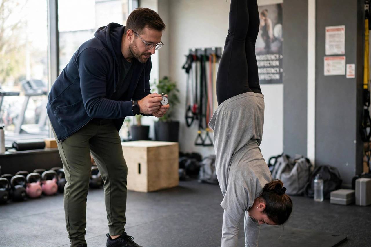 Coach timing a client's handstand hold with a stopwatch