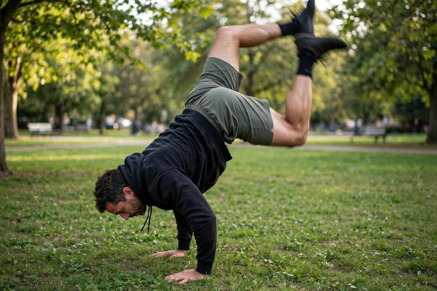 Adult learner practicing handstand kick-ups in a park