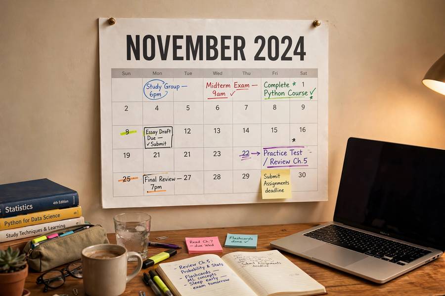 A study calendar marking AI learning milestones