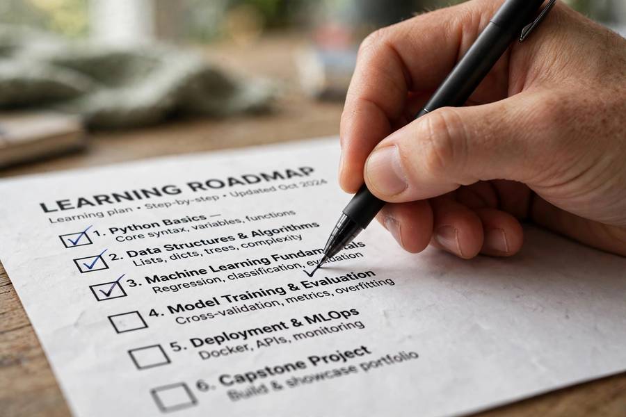 Checking off milestones on an AI learning roadmap