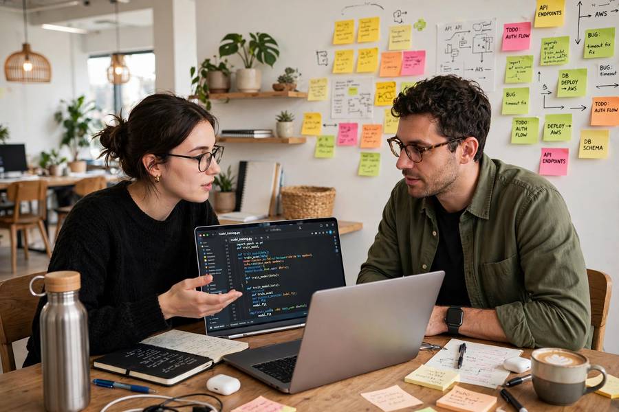 Discussing AI projects in a coworking space