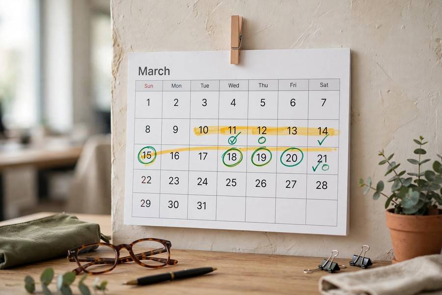Calendar with business sale timeline marked
