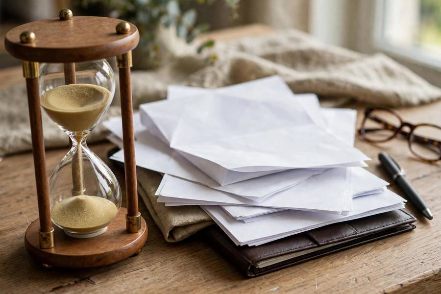 Hourglass next to business contract documents