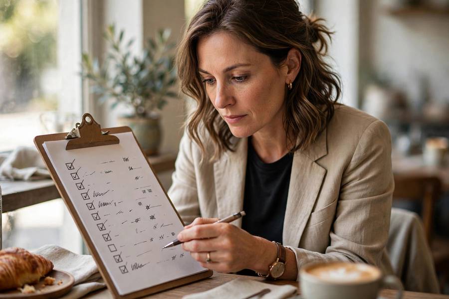 Business owner reviewing sale progress checklist