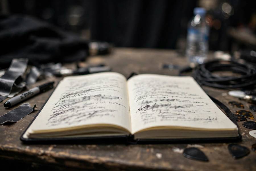 Notebook filled with set lists and joke timings backstage