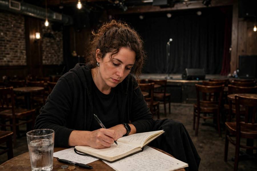 Comedian taking notes immediately after set in empty club