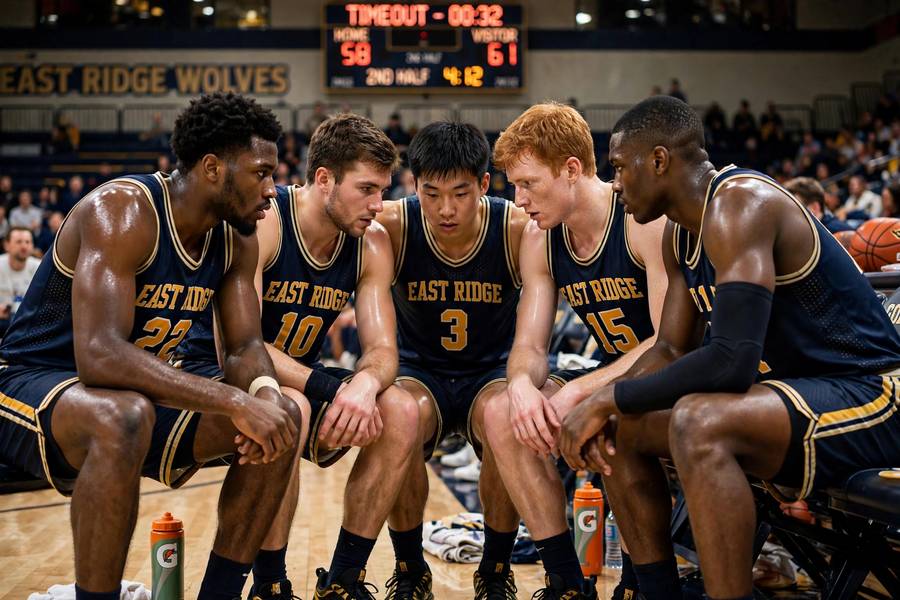 College basketball team in a huddle during a timeout