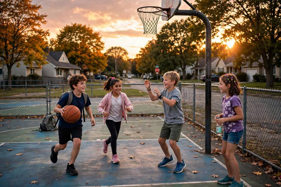 Youth basketball game on an outdoor neighborhood court