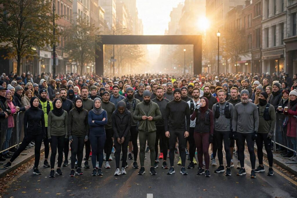 Marathon runners in full-coverage athletic wear starting a city marathon at sunrise