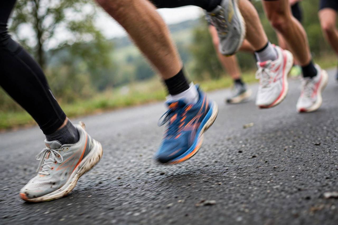 Close-up of runners' legs and shoes on asphalt during a long-distance road race