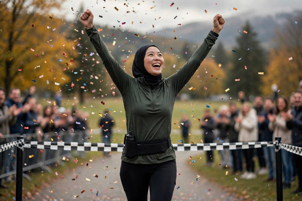 Exhausted but triumphant marathon finisher crossing the finish line with arms raised