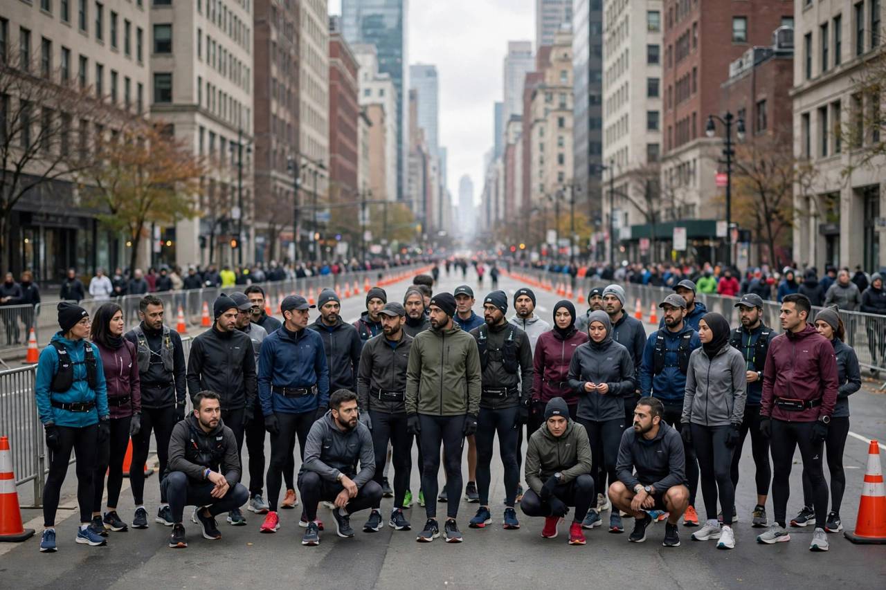 Marathon runners at the starting line of a big city race