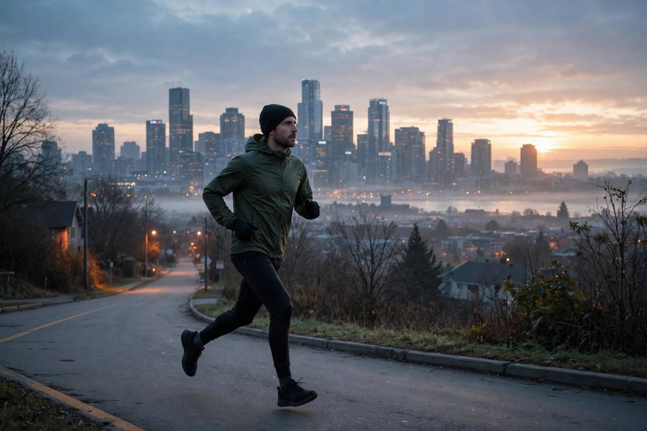 Runner training on a road at dawn with city skyline