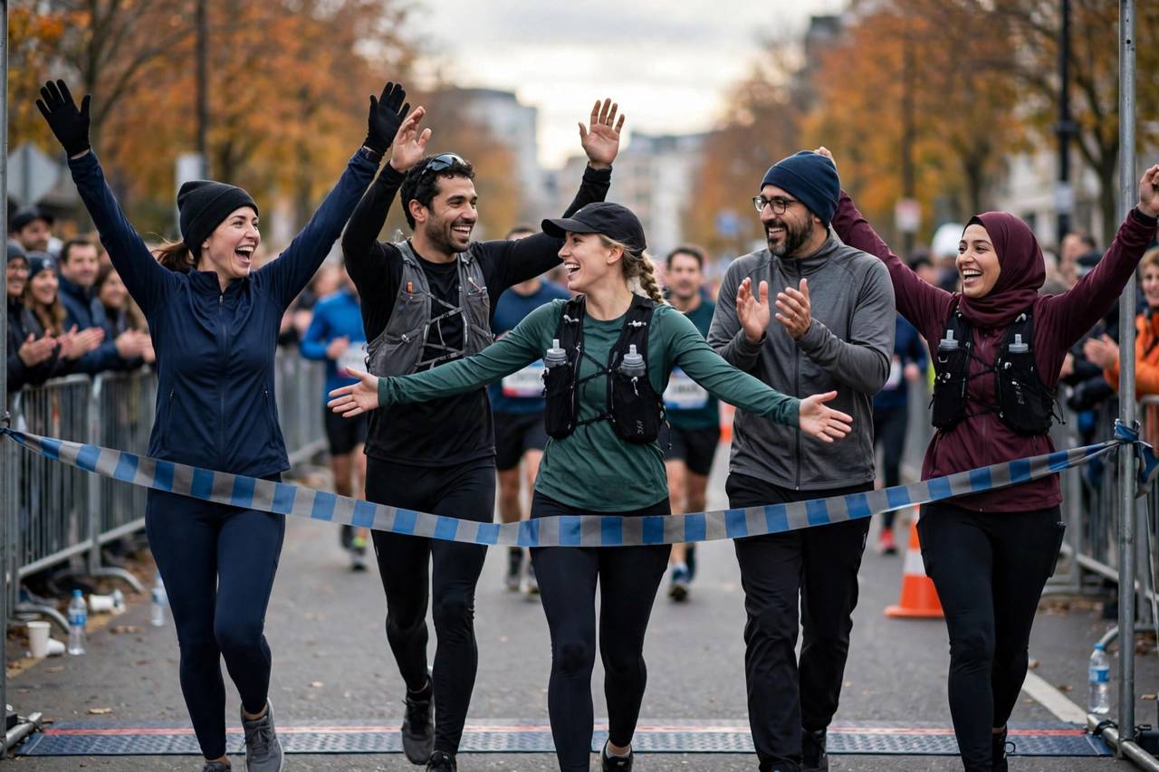 Marathon finish line with runners celebrating