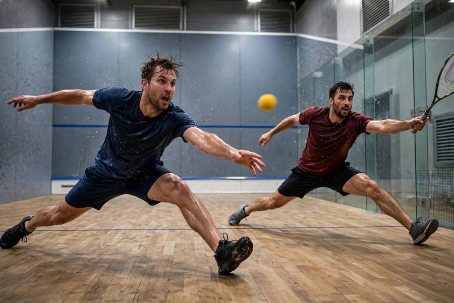 Photorealistic action photo of an intense long squash rally, both players stretched wide, sweat visible