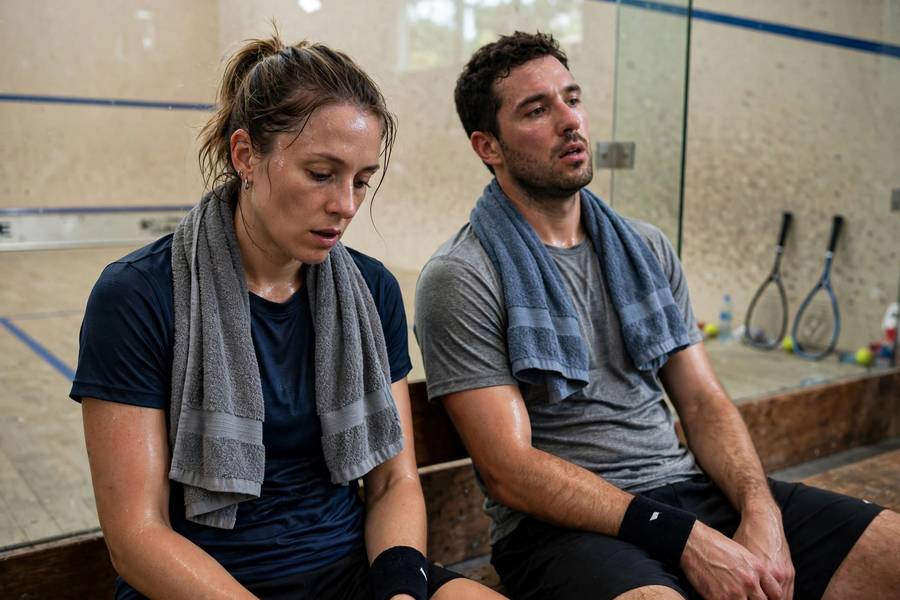 Photorealistic image of two tired squash players resting between games, towels over shoulders, court background