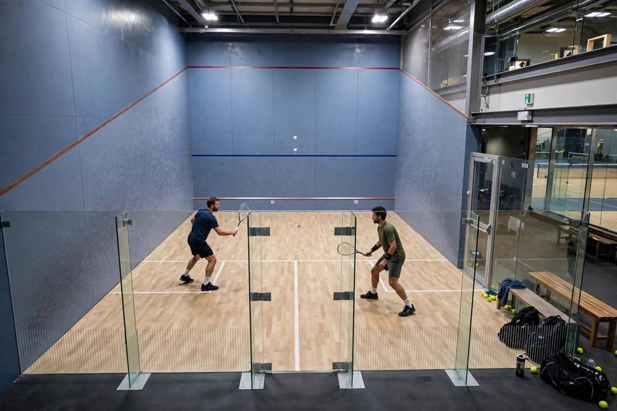 Photorealistic wide shot of players warming up with a knock-up on a squash court before a match