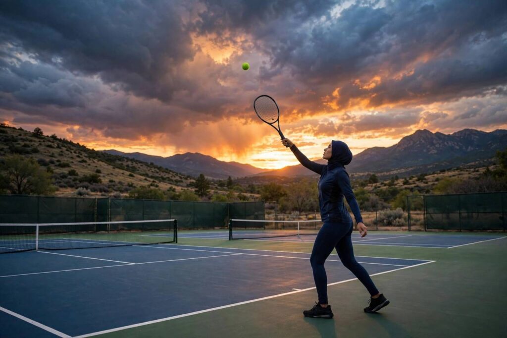 Tennis player serving on a hard court during a professional match at sunset