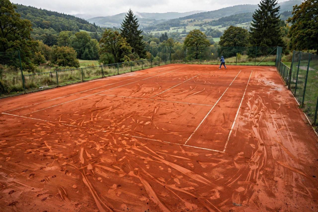 Clay tennis court with baseline rallies during a long professional match