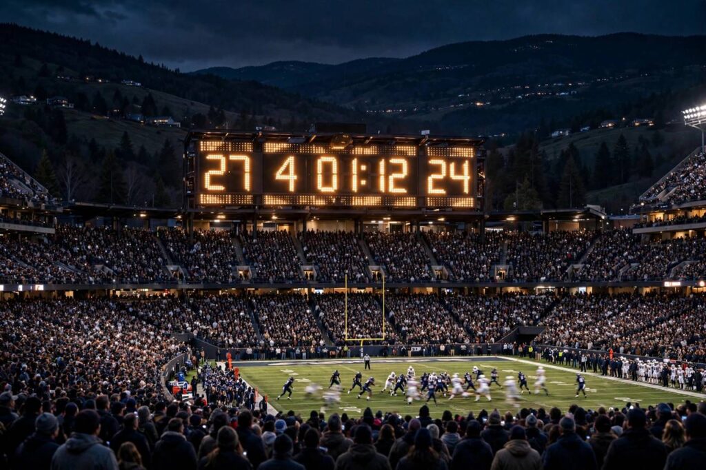 NFL game clock and scoreboard showing fourth quarter action in a packed stadium