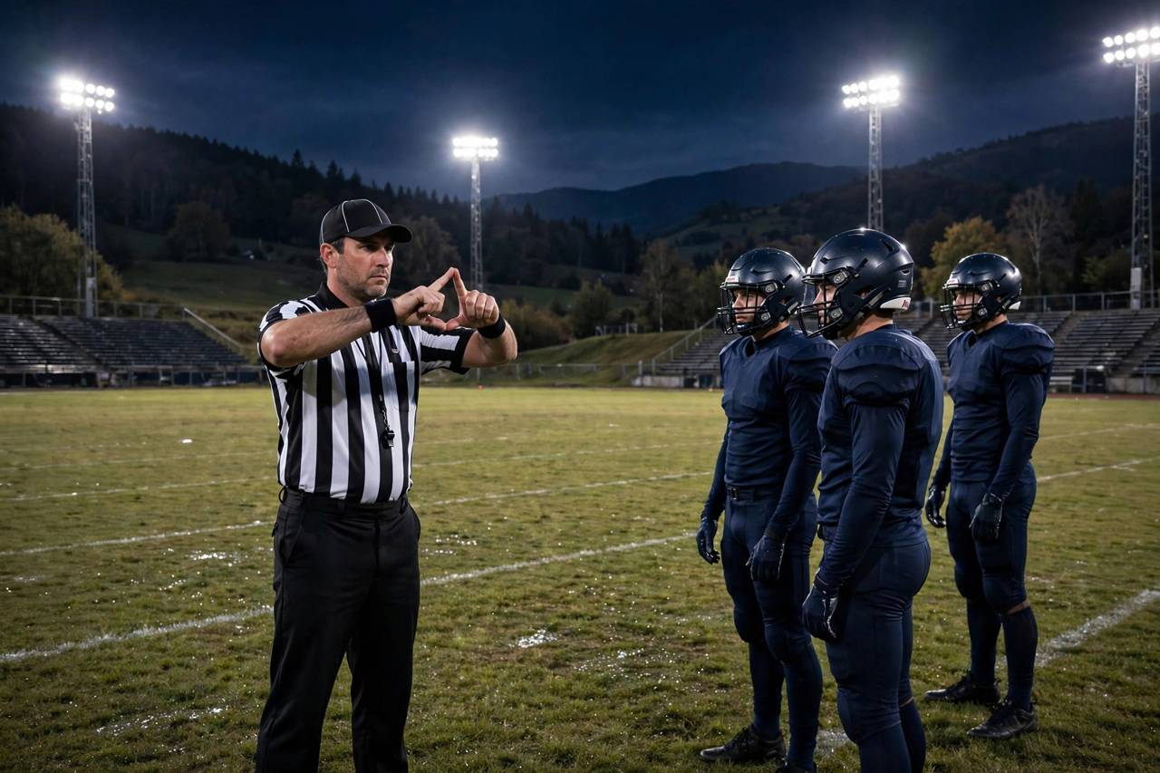 Referee signaling a timeout on the field during an NFL night game