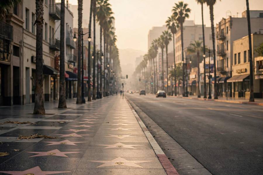Long stretch of Hollywood Boulevard with the Walk of Fame extending into the distance