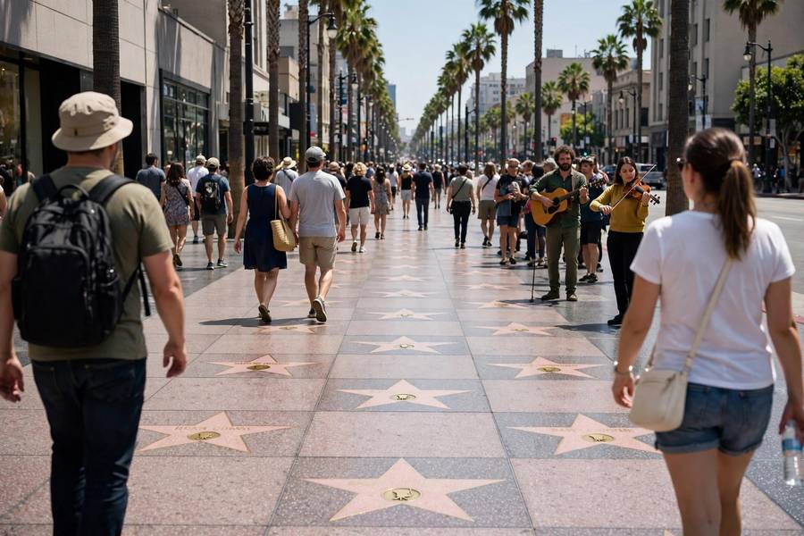 Tourists walking the full length of the Walk of Fame