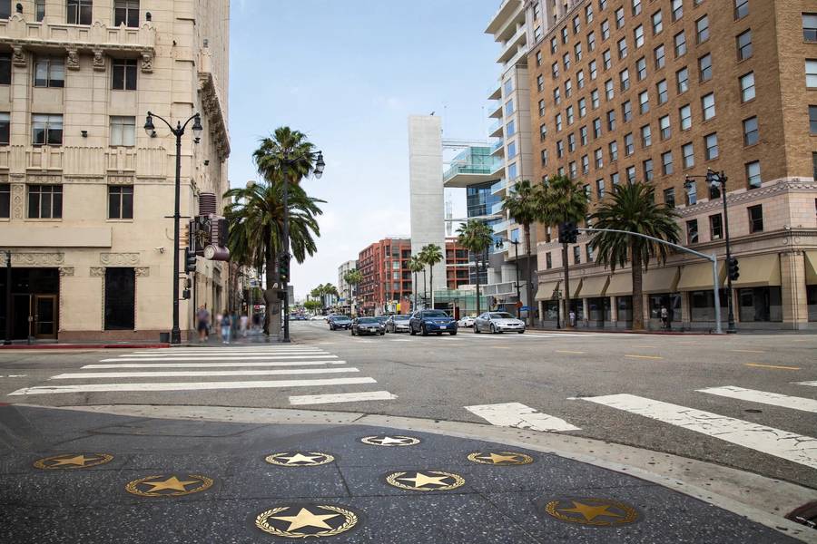 Hollywood and Vine intersection with Walk of Fame stars in the sidewalk